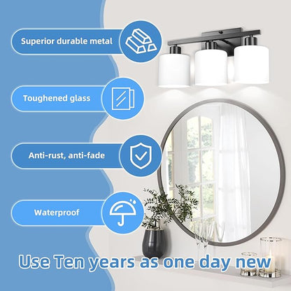 SILAMPDI Black Bathroom Light Fixture Over Mirror, Rustproof 3-Light Vanity Lights Fixtures, Modern Wall Sconces Lighting for Bedroom, Hallway, Milky White Glass Shades, E26 Base, Bulbs Not Included