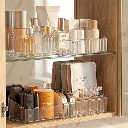Expandable Medicine Cabinet Organizer for Bathroom, 2 Pack | 8-13.5" Adjustable, 4-Compartment Makeup Tray, Clear View, Non-Slip, Raised Edges, Narrow, Fits Vanity/Countertop/Drawer