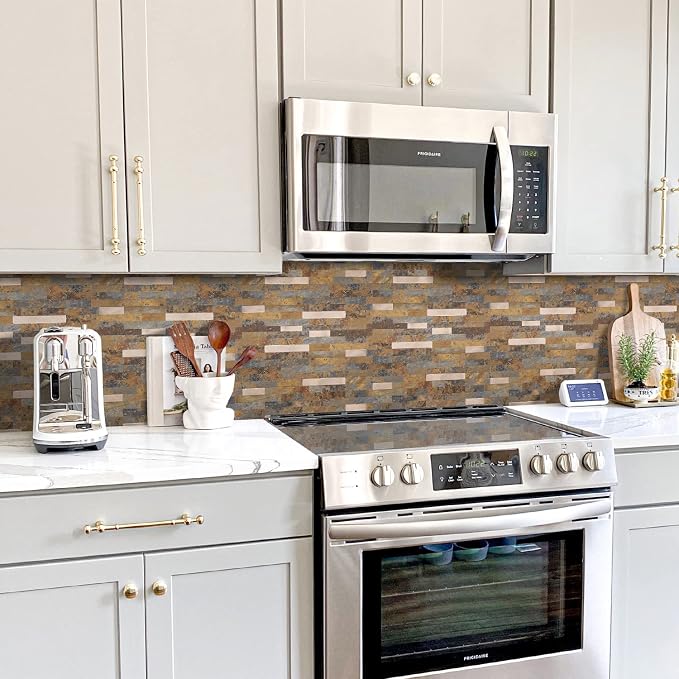 STICKGOO Peel and Stick Backsplash, PVC Wall Tiles Stick on Backsplash for Kitchen(10 Sheets, Rust Brown with Metal Gold)