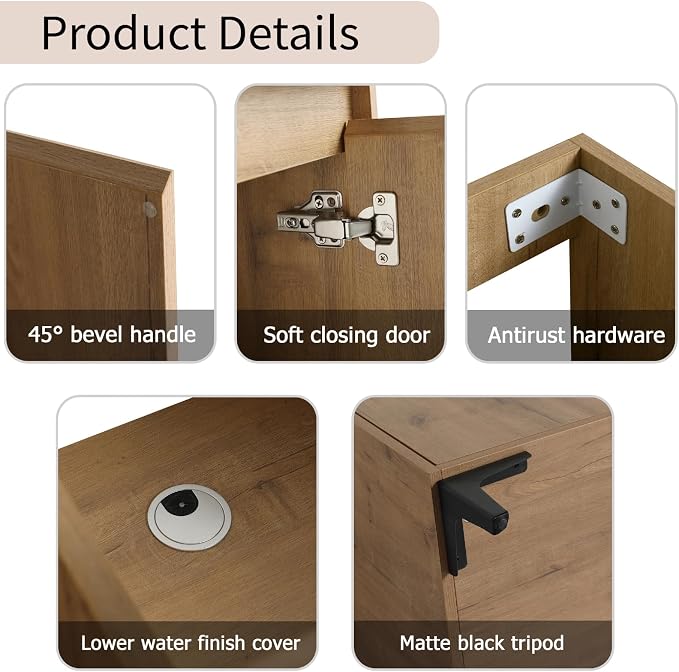 Freestanding Bathroom Vanity, 48" Bathroom Storage Cabinet with Double Resin Sinks, 2 Soft-Close Doors & 3 Open Storage Shelves, Floor Vanity with Adjustable Shelf & Black Tripod Base, Oak