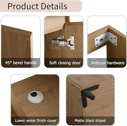 Freestanding Bathroom Vanity, 48" Bathroom Storage Cabinet with Double Resin Sinks, 2 Soft-Close Doors & 3 Open Storage Shelves, Floor Vanity with Adjustable Shelf & Black Tripod Base, Oak