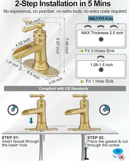 Waterfall Bathroom Sink Faucet, Brass Gold Bathroom Faucet 1 Hole, Single Handle Bathroom Faucets for Sinks, 4 Inch 3 Holes Faucet Bathroom Sink with Drain Deck Plate Supply Hoses for Lavatory