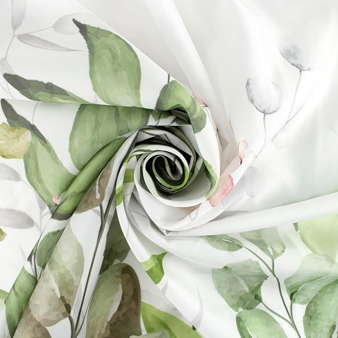 HVEST Sage Green Eucalyptus Shower Curtain for Bathroom, Spring Green Leaf and Pink Floral Hummingbird on White Shower Curtain with Hooks Nature Plant Bathroom Curtains Shower Set, 72L X 60W inches