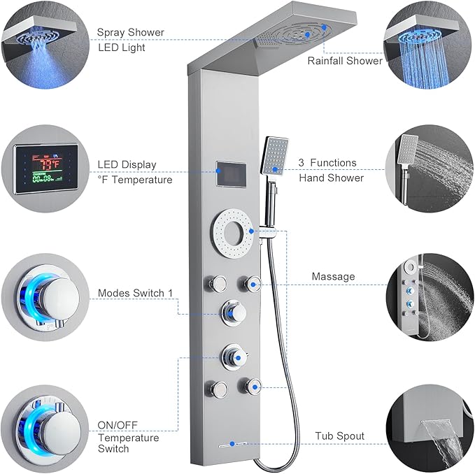 LED Shower Panel Tower System, Stainless Steel Rainfall & Mist Shower Tower, 5 Body Jets, Handheld Shower, Tub Spout and Hydroelectricity Temperature Display, Brushed Nickel