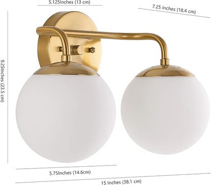JONATHAN Y 15" Brass Gold Modern Globe Wall Sconce Vanity Light for Bathroom, White Frosted Glass Shade, Midcentury Parisian Bistro Wall Lamp, LED Bulb Included (JYL3535A)