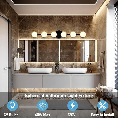 Lightdot 6 Light Bathroom Vanity Light, 38" Modern Black Vanity Lights with Globe Water/Shatterproof PC Lampshade, Rust-Proof Bathroom Light Fixtures Over Mirror for Kitchen Hallway Cabinet Porch