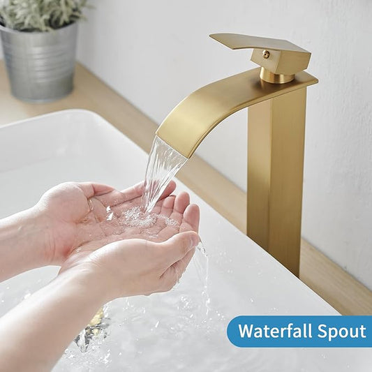 RUMOSE Tall Brushed Gold Bathroom Faucet with Pop Up Drain Modern Single Handle One Hole Bathroom Vessel Sink Faucet Waterfall Spout Rv Lavatory Vanity Faucet Deck Mount Mixer Tap, Stainless Steel