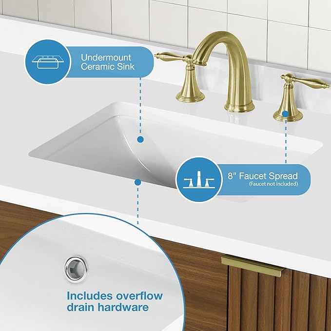OVE Decors Indy 60 in. Undermount Double Sink Bathroom Vanity with White Engineered Marble Top, Warm Walnut