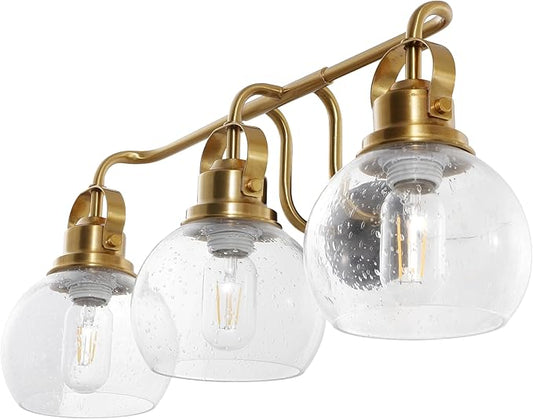 JONATHAN Y 24" Brass Gold/Oil Rubbed Bronze Shirley 3-Light Bathroom Vanity Light, Metal Wall Sconce, Clear Seeded Glass Shade, Modern Transitional Farmhouse Fixture, LED Bulbs Included (JYL7405B)