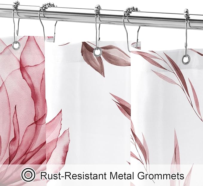 Burgundy Boho Floral Shower Curtain, Watercolor Botanical Design, 72 x 72 | Boho Floral Design, Watercolor Ink Painting Style, Botanical Flowers & Leaves, Elegant Bathroom Accent, Fabric Cloth Curtain