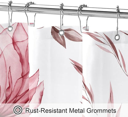 Burgundy Boho Floral Shower Curtain, Watercolor Botanical Design, 72 x 78 | Boho Floral Design, Watercolor Ink Painting Style, Botanical Flowers & Leaves, Elegant Bathroom Accent, Fabric Cloth Curtain