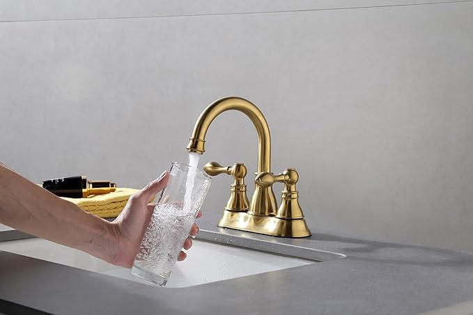 Two Handle Bathroom Sink Faucet 3 Hole with Overflow Pop up Drain, 360° Swivel Spout 4 Inch Centerset Lavatory Faucet Without Water Supply Lines,Brushed Gold,F-4501-CS