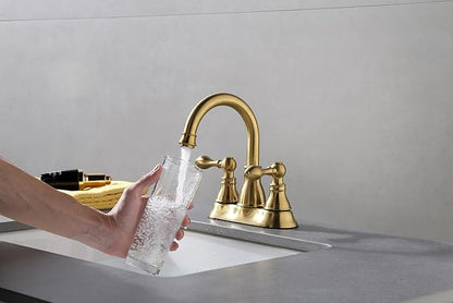 Two Handle Bathroom Sink Faucet 3 Hole with Overflow Pop up Drain, 360° Swivel Spout 4 Inch Centerset Lavatory Faucet Without Water Supply Lines,Brushed Gold,F-4501-CS