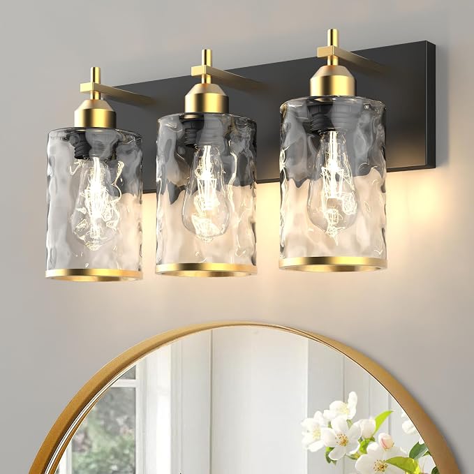 3-Light Bathroom Vanity Light Fixtures, Modern Bathroom Lighting Fixtures Over Mirror with Golden Wave Glass Lampshade, E26 Base Modern Vanity Lighting, Suit for Stairway Bedroom and Hallway