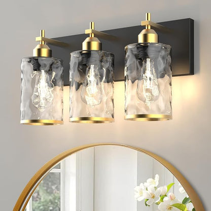 3-Light Bathroom Vanity Light Fixtures, Modern Bathroom Lighting Fixtures Over Mirror with Golden Wave Glass Lampshade, E26 Base Modern Vanity Lighting, Suit for Stairway Bedroom and Hallway