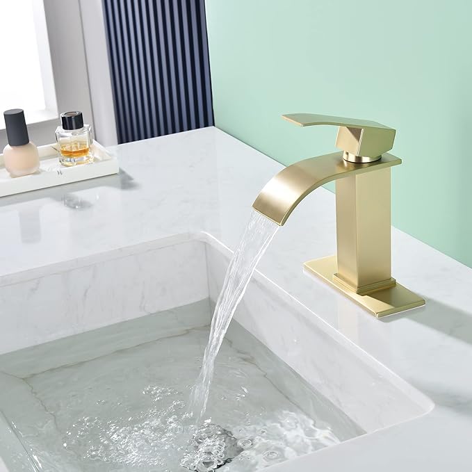 Waterfall Faucet for Bathroom Sink, Single Hole Bathroom Faucet Brushed Gold with Pop Up Drains and Deck Plate for 3 Hole Installation JXM122BG