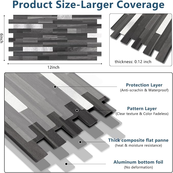 Yipscazo 2 Sheets Peel and Stick Stone Metal Backsplash, PVC Wall Tiles Stick on Tiles for Backsplash Kitchen, Bathroom, Fireplace (6'' X 12'', Black Wood)
