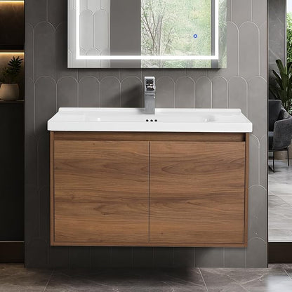 Blossom Modern 32 Inch Floating Bathroom Vanity | Walnut Wood Wall Mount Cabinet & Ceramic Sink | Water-Resistant Wood Core | Soft-Close Minimalist Storage for Master Bath