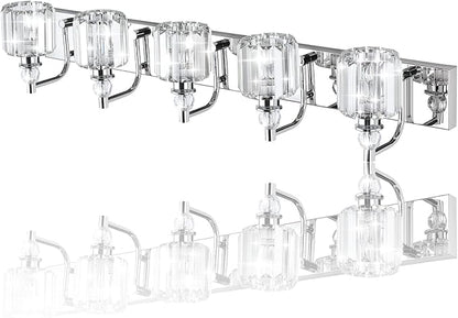 Ralbay Modern Crystal Vanity Lights 5 Light 40" Modern Crystal Bathroom Lights Fixtures Over Mirror Stainless Steel Chrome Vanity Light for Bathroom Wall Lights Fixtures