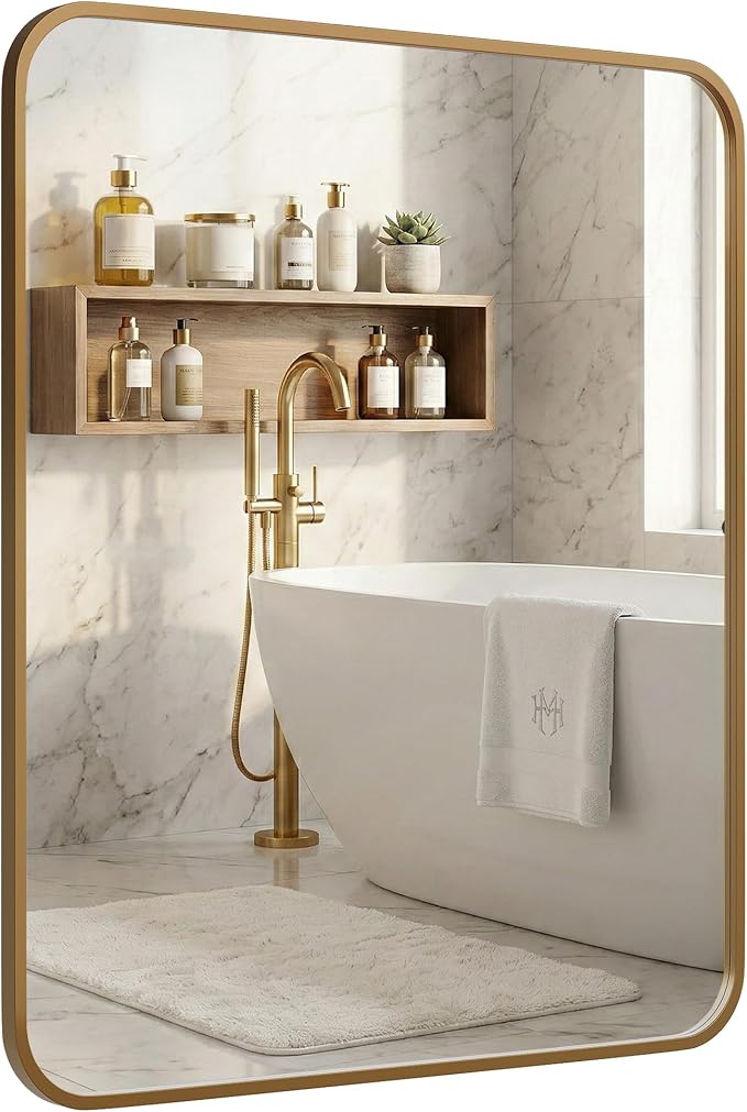 30x36 Inch Antique Gold Rounded Rectangle Bathroom Vanity Mirror | For Over-Sink Bathrooms, Powder-Coated Iron Frame, Layered Shadow Box Look, Two-Way Mount, Protective Packaging