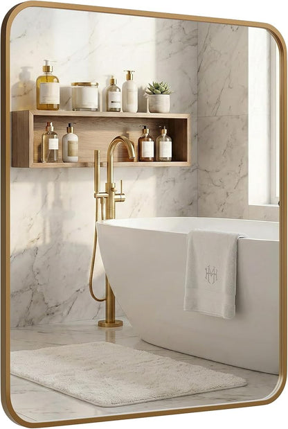 30x36 Inch Antique Gold Rounded Rectangle Bathroom Vanity Mirror | For Over-Sink Bathrooms, Powder-Coated Iron Frame, Layered Shadow Box Look, Two-Way Mount, Protective Packaging