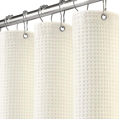 Waffle Weave Shower Curtain Heavyweight Cotton Fabric Ivory 72Wx72L | Soft Cotton Cloth,3D Square Truely Waffle Washable, Hotel Luxury Spa, Shower Curtain Set for Bathroom 12 Plastic Hooks