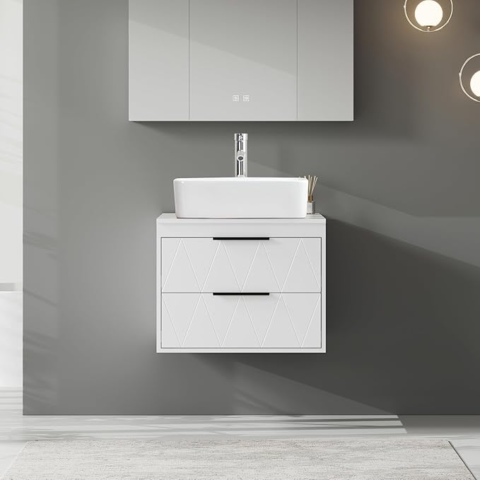 eclife 24" Floating Bathroom Vanities with Sink Combo, Wall Mounted Modern Cabinet W/Diamond Line Pattern Design, White Rectangle Ceramic Vessel Sink W/Water Save Faucet & Pop Up Drain, White