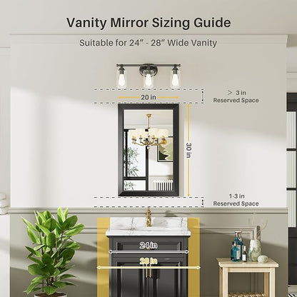 20x30 Inch Black Bathroom Mirror for Wall, Thick Metal Framed Rectangle Mirrors for Over Sink, Bedroom, Living Room, Entryway, Anti-Rust, HD Tempered Glass