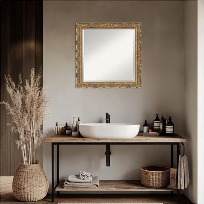 Amanti Art Gold Bathroom Mirror for Over Sink, 24x24 Filigree Gold Square Vanity Mirror, Medium Traditional Frame, Hangs Horizonally and Vertically, Bathroom Wall Decor, Beveled Edge