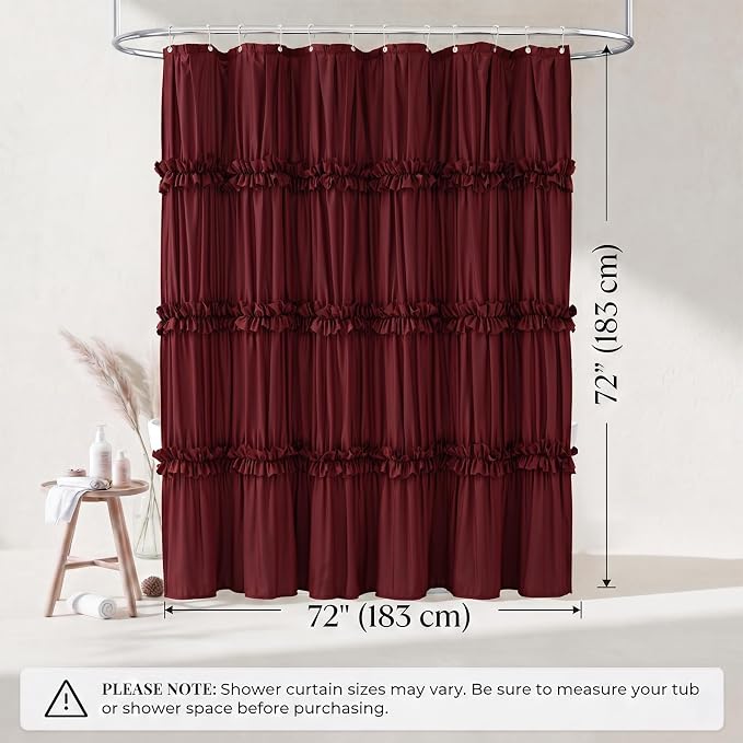 LIPA Boho Rustic Burgundy Ruffle Shower Curtain 72x72 Inches | Farmhouse Shower Curtains for Bathroom,Water‑Resistant Fabric Shower Curtain,Bohemian Bathroom Decor