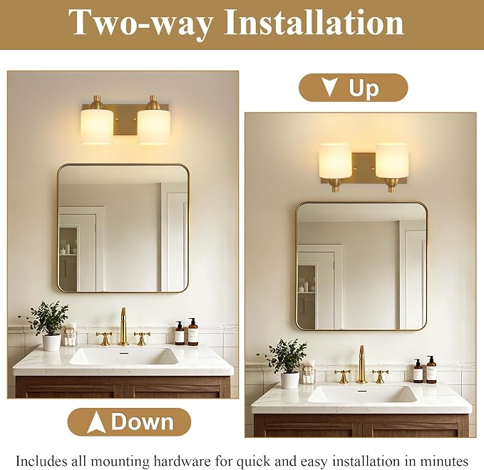 Mecgirn Stainless Steel Milk Glass Vanity Lights for Bathroom, 2 Light Brass Bathroom Light Fixtures Over Mirror, Ceramic E26 Sockets Wall Mounted