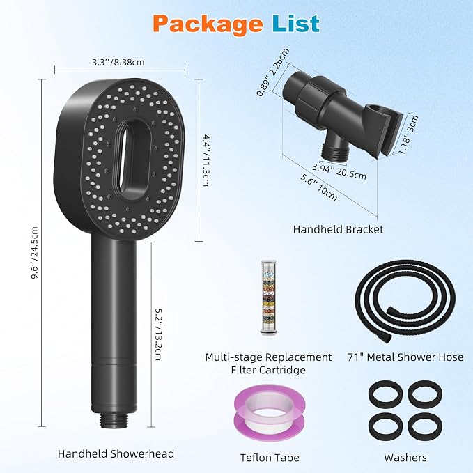 Hibbent Filtered Showerhead with handheld, High Pressure 5 Sprays Shower | Black Shower Head, Brass Holder & 71" Metal Hose, Water Softener for Hard Water-Remove Chlorine, Reduces Dry Itchy Skin
