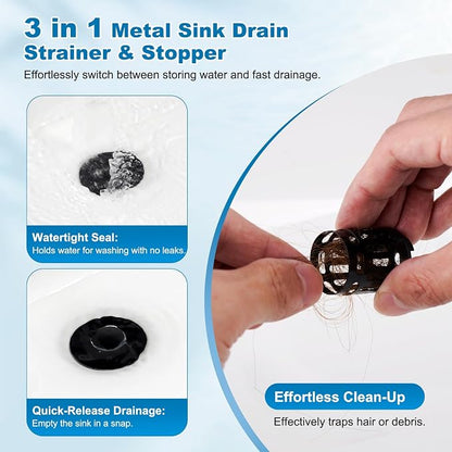 Hibbent Universal Bathroom Sink Drain Strainer, Upgraded 3 in 1 Pop Up Stopper, Removable Stainless Steel Filter Basket, Brass Bullet Core, Hair Catcher Sink Plug for 1.1''~2.36'' Hole, Matte Black