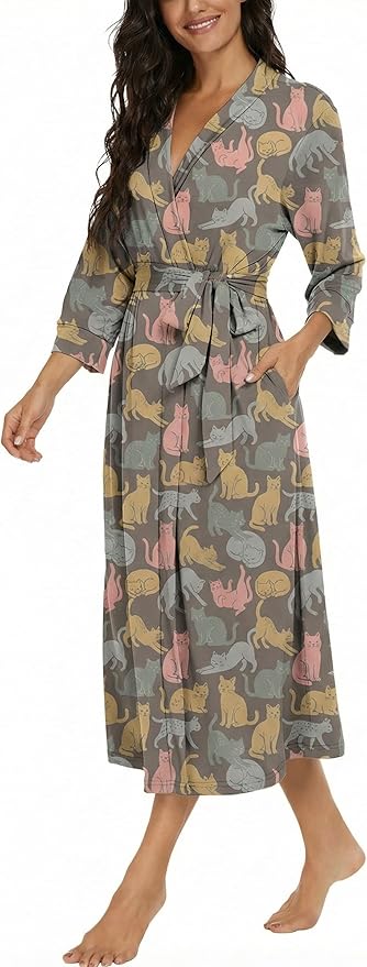 VINTATRE Women Kimono Robes Long Knit Bathrobe Lightweight Soft Knit Sleepwear V-neck Casual Ladies Loungewear