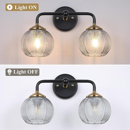 Mecgirn Bathroom Vanity Light Fixtures, 2-Light Smoky Gray Glass Shade, Modern Black and Gold Wall Sconce, Unique Textured Leaf Pattern, Ceramic E26 Sockets Wall Mounted for Mirror, Cabinet, Hallway