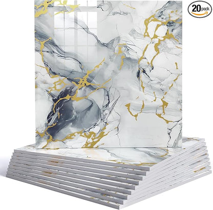 20pcs Marble Peel and Stick Backsplash Wall Tiles, Waterproof Shower Wall Panels, 11.8"x11.8" Peel and Stick Tile for Home Bathroom, Kitchen, Washroom, Living Room, Blue and Gold (Not Real Tile)
