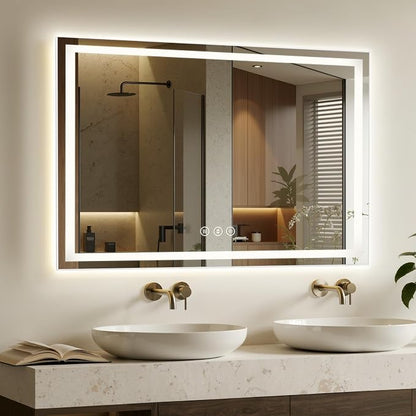 55x36 LED Bathroom Mirror with Anti-Fog, Backlit & Front Lit, Memory | Stepless Dimmable 3 Color CRI 95+ Shatterproof Tempered Glass ETL Listed for Safety Lighted Bathroom Vanity Mirror for Wall