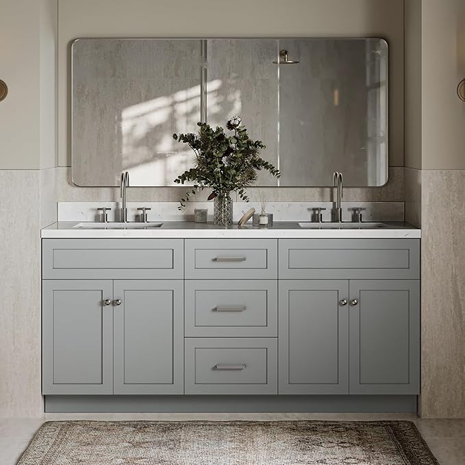 ARIEL Hamlet 72-inch Bathroom Vanity with Sink,Solid Wood, 1.5-inch Carrara White Quartz Countertop & Backsplash, Double Rectangular Porcelain Sink, 4 Soft Closing Doors, 3 Dovetail Drawers, Grey