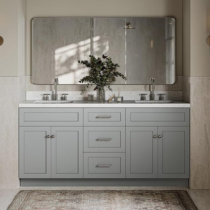 ARIEL Hamlet 72-inch Bathroom Vanity with Sink,Solid Wood, 1.5-inch Carrara White Quartz Countertop & Backsplash, Double Rectangular Porcelain Sink, 4 Soft Closing Doors, 3 Dovetail Drawers, Grey