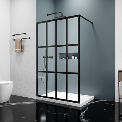 46x72 Matte Black Walk-In Shower Screen, 1/4" Tempered Glass with Frame | Metal Finish Grid Pattern, Aluminum Alloy Frame, Stainless Steel System, Reversible Installation, Easy to Assemble, No Base