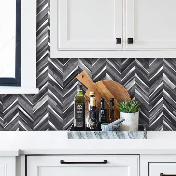 DICOFUN 10-Sheet Herringbone Peel and Stick Backsplash for Kitchen, Black & Grey Wood Look PVC Mixed Metal Chevron Stick on Backsplash Wall Tiles