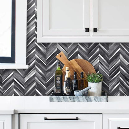 DICOFUN 10-Sheet Herringbone Peel and Stick Backsplash for Kitchen, Black & Grey Wood Look PVC Mixed Metal Chevron Stick on Backsplash Wall Tiles