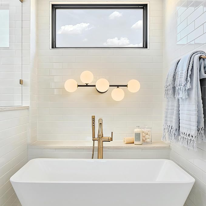 Bathroom Vanity Mirror Light Fixtures: 5 Lights Bath Wall Sconce Lighting - Brass Black Vanity Lights with Milk Glass Shade - Modern Minimalist Makeup Light Fixture Above Mirror for Hallway G9 Base