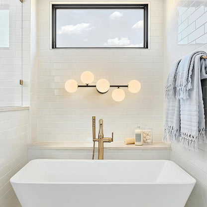Bathroom Vanity Mirror Light Fixtures: 5 Lights Bath Wall Sconce Lighting - Brass Black Vanity Lights with Milk Glass Shade - Modern Minimalist Makeup Light Fixture Above Mirror for Hallway G9 Base