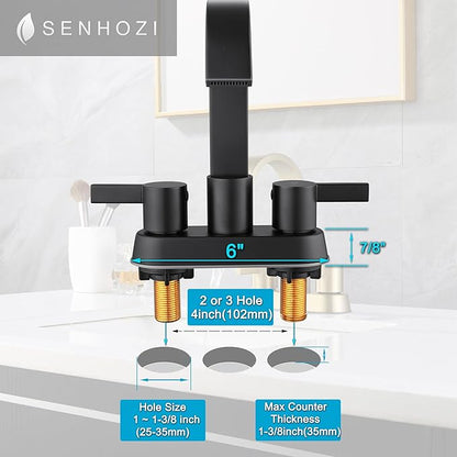 Matte Black Bathroom Faucets for Sink 3 Hole, 4 Inch Centerset Waterfall Faucet Bathroom Sink Faucet with Pop-up Drain and 2 Supply Hose, SUS304 2 Handle Faucet for Bathroom Sink, SE-0048-BK