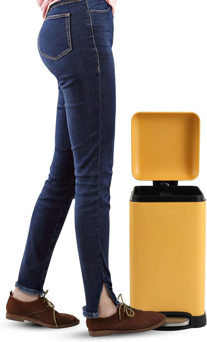 happimess Betty Retro Mini 3.2 Gal Step Trash Can, Daffodil Yellow | Soft-Close Lid, Removable Liner, Iron, Hands-Free Pedal, Satin Finish, Non-Skid Base, Built-In Damper, Modern, Minimalistic