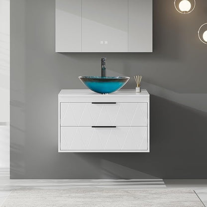 eclife 30" Floating Bathroom Vanities with Sink Combo, Wall Mounted Modern Cabinet W/Diamond Line Pattern Design, Turquoise Square Glass Vessel Sink W/Water Save Faucet & Pop Up Drain, White