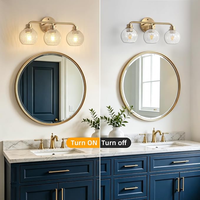 Bathroom Light Fixtures Gold Vanity Light 3 Light Brushed Brass | Wall Sconces Lighting with Crackle Globe Glass Shades Bath Wall Lamp for Mirror Kitchen Living Room Bedroom Hallway