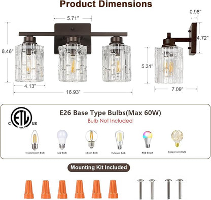 Refice 3-Light Bathroom Vanity Lights Crystal Glass, Oil Rubbed Bronze | Bathroom Light Fixtures Vanity Lighting Over Mirror for Living Room Farmhouse, Hallway