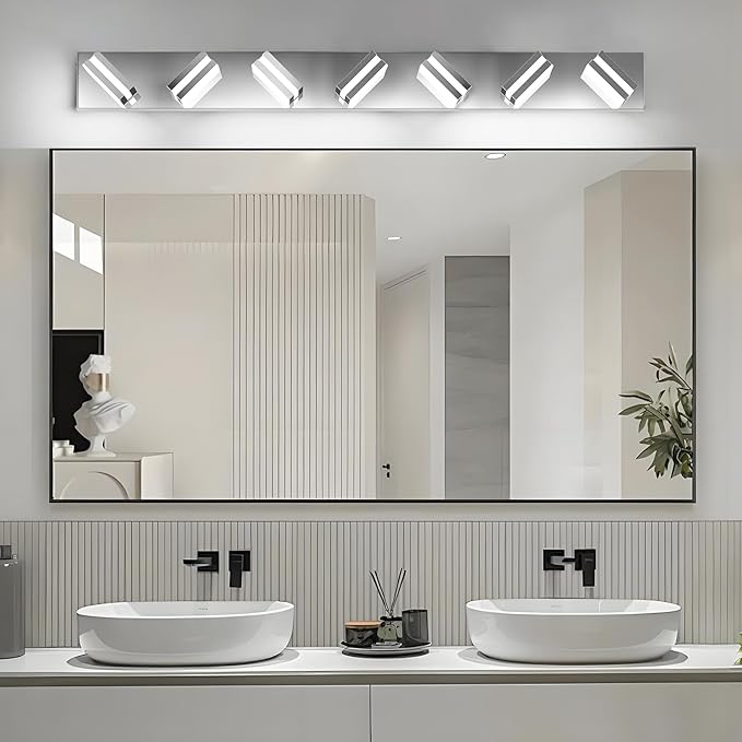 IZORRO LED Modern Bathroom Lights Fixtures(7-Light,Dimmable),Chrome Acrylic Wall Lighting,Vanity Lights for Bathroom Over Mirror - 6000k 40In （No Assembly Required）